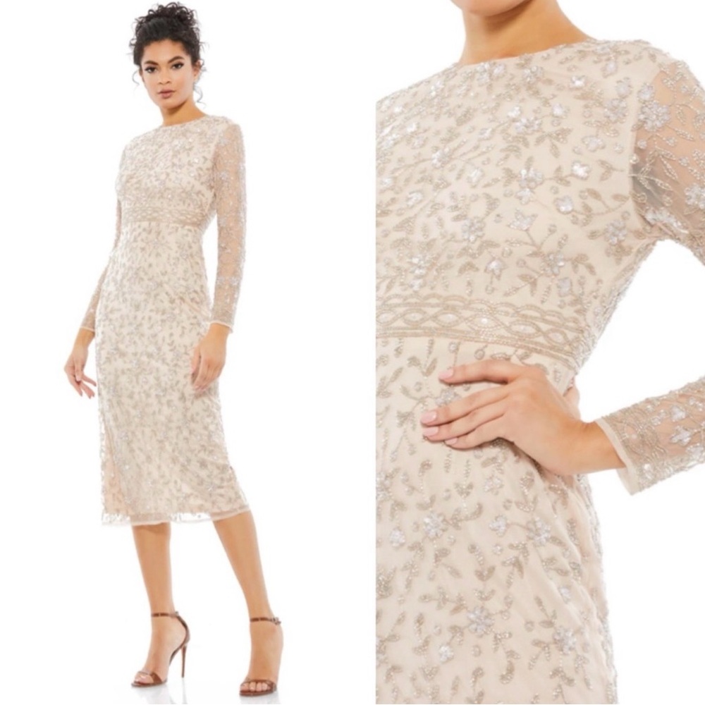 Mac Duggal 10812 Beaded Tea Length Gown with Sheer Sleeves Size 6 NWT